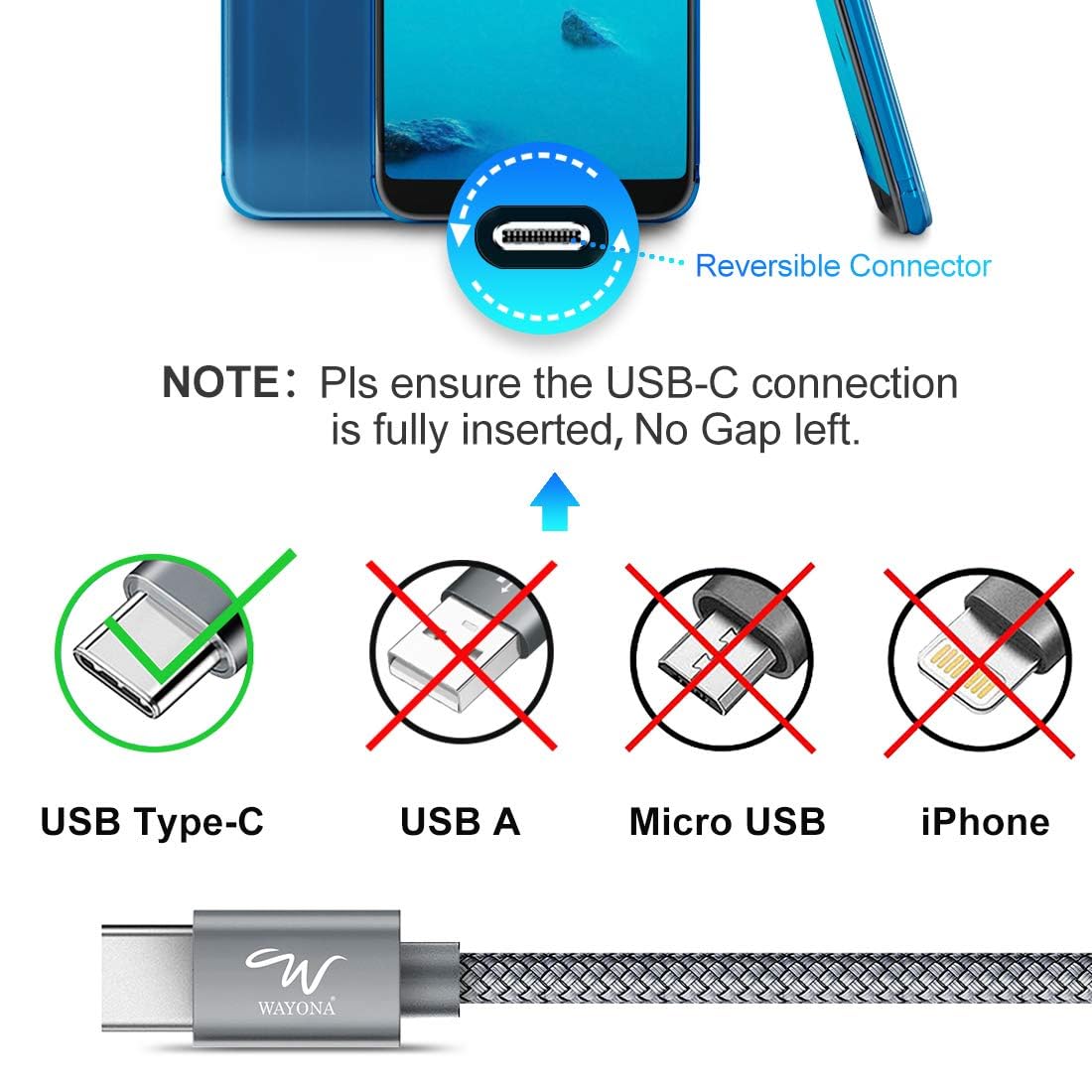 Wayona Type C to Type C 6FT/2M 65W Long Fast Charging Cable Compatible with iPhone 17, Air, iPhone 16,15 Pro/Max Series Macbook Air/Pro Samsung Galaxy S25, Ultra/S24/ S23 Flip Fold OnePlus (2M, Grey)