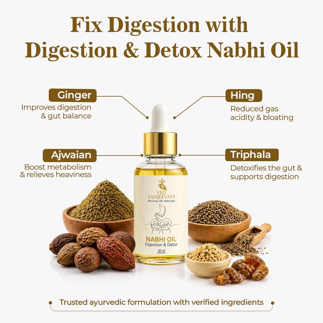 Ved Sanjeevani Digestion & Detox Nabhi Oil | Belly Button Oil with Herbal Formulation For Bloating Relief, Gas, Acidity & Gut Cleanse | Heals through 72,000 Nadi Navel Therapy | 30ml