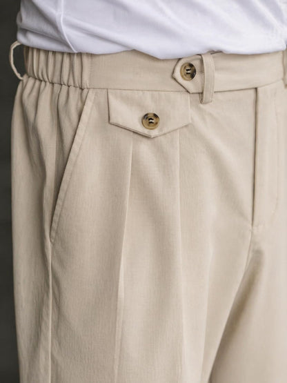 CB-COLEBROOK Men’s Korean Style Double Pleated Relaxed Fit Trousers | Cotton Linen Blend Formal Casual Pants | Mid Rise, Belt Loops, Side Pockets & Button Closure (in, Alpha, M, Regular, Cream)