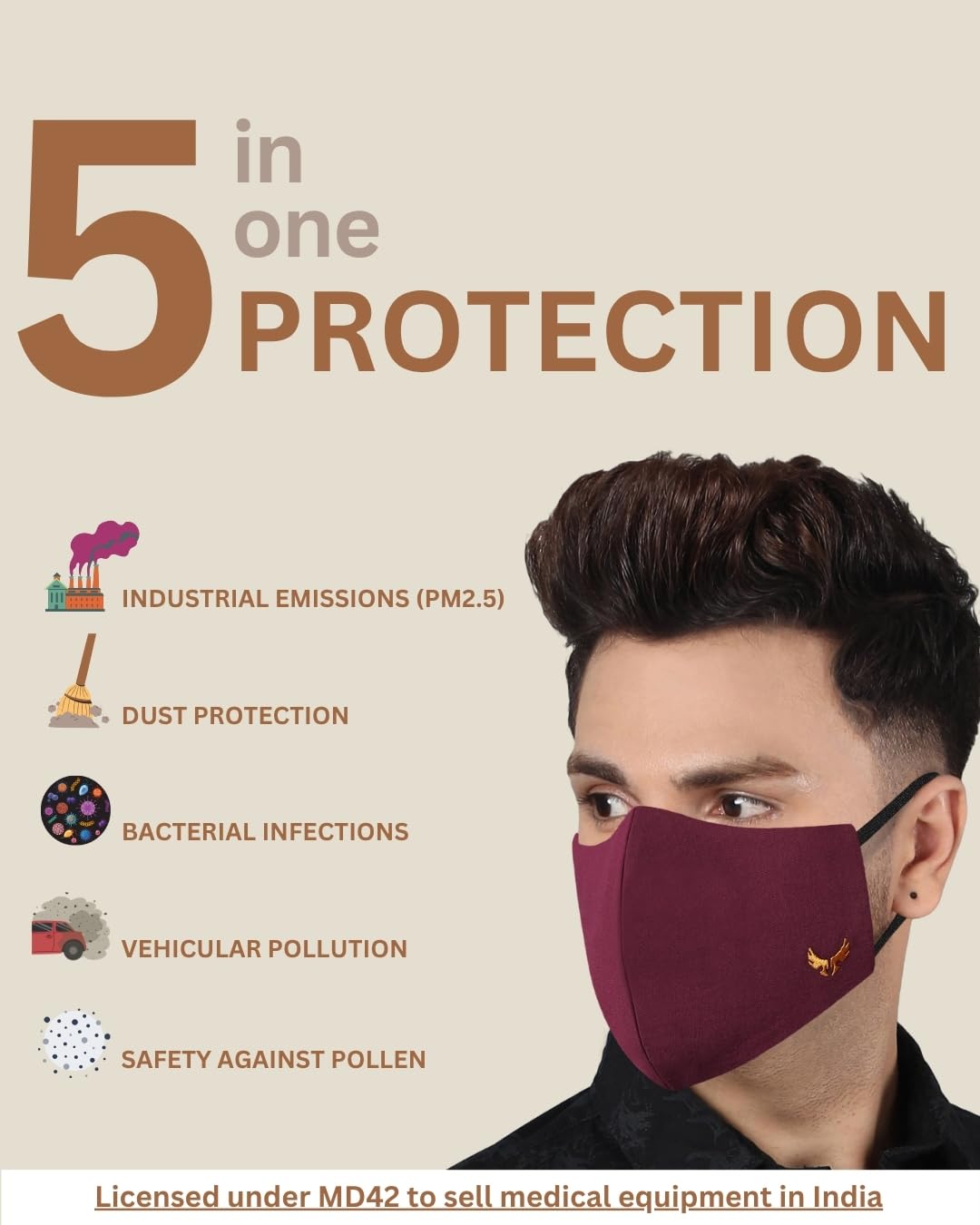 MASQ 4-Layer Anti-Pollution Reusable & Adjustable Cotton Cloth Face Mask for Men & Boys, Anti-Bacterial BFE>99%, Pack of 3, Multicolor, Black, Navy, Red