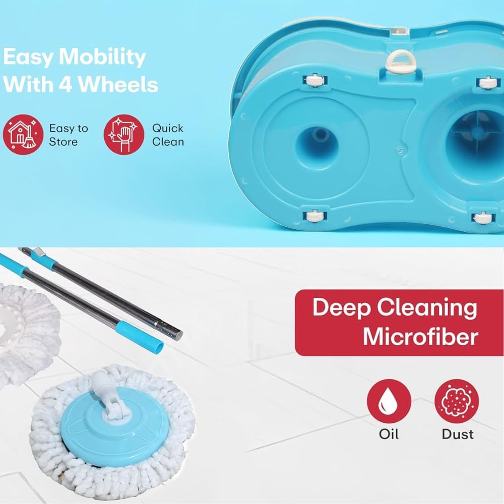 Mumma's LIFE Plastic Spin Mop Bucket, Moppers for Cleaning Floor, Mop Set Extendable Handle, Removable Wringer 360° with Floor Cleaner Mopping Stick (Round Mop Set)