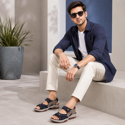 Centrino Sandals for Men |Flat Casual Sandals With Adjustable Velcro Closure For Easy Wear With Flexible Fitting And Trendy | Stylish Sandal With Unique Sole Design for Office & Travel Navy 8 UK (3263)