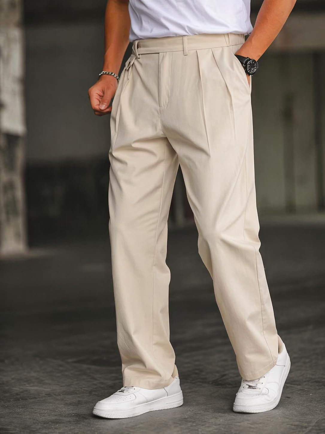 CB-COLEBROOK Men’s Korean Style Double Pleated Relaxed Fit Trousers | Cotton Linen Blend Formal Casual Pants | Mid Rise, Belt Loops, Side Pockets & Button Closure (in, Alpha, M, Regular, Cream)