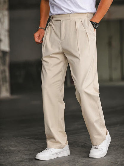 CB-COLEBROOK Men’s Korean Style Double Pleated Relaxed Fit Trousers | Cotton Linen Blend Formal Casual Pants | Mid Rise, Belt Loops, Side Pockets & Button Closure (in, Alpha, M, Regular, Cream)