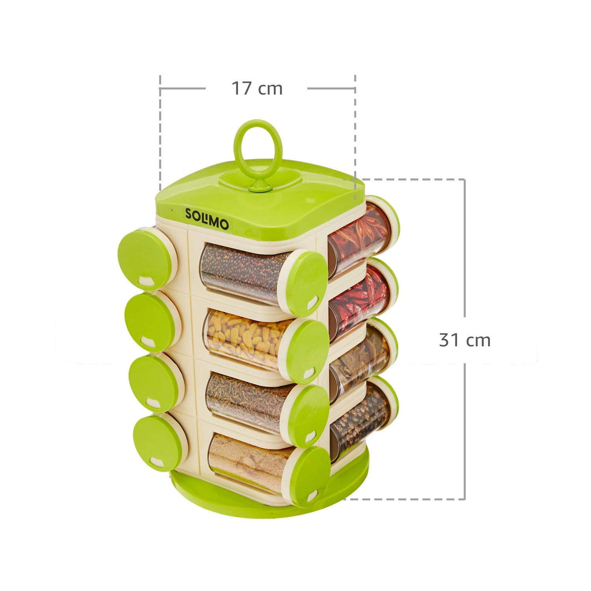 Amazon Brand - Solimo Revolving Spice Rack Set | 16 pieces | Plastic | Tiered Shelf | Tabletop | Green