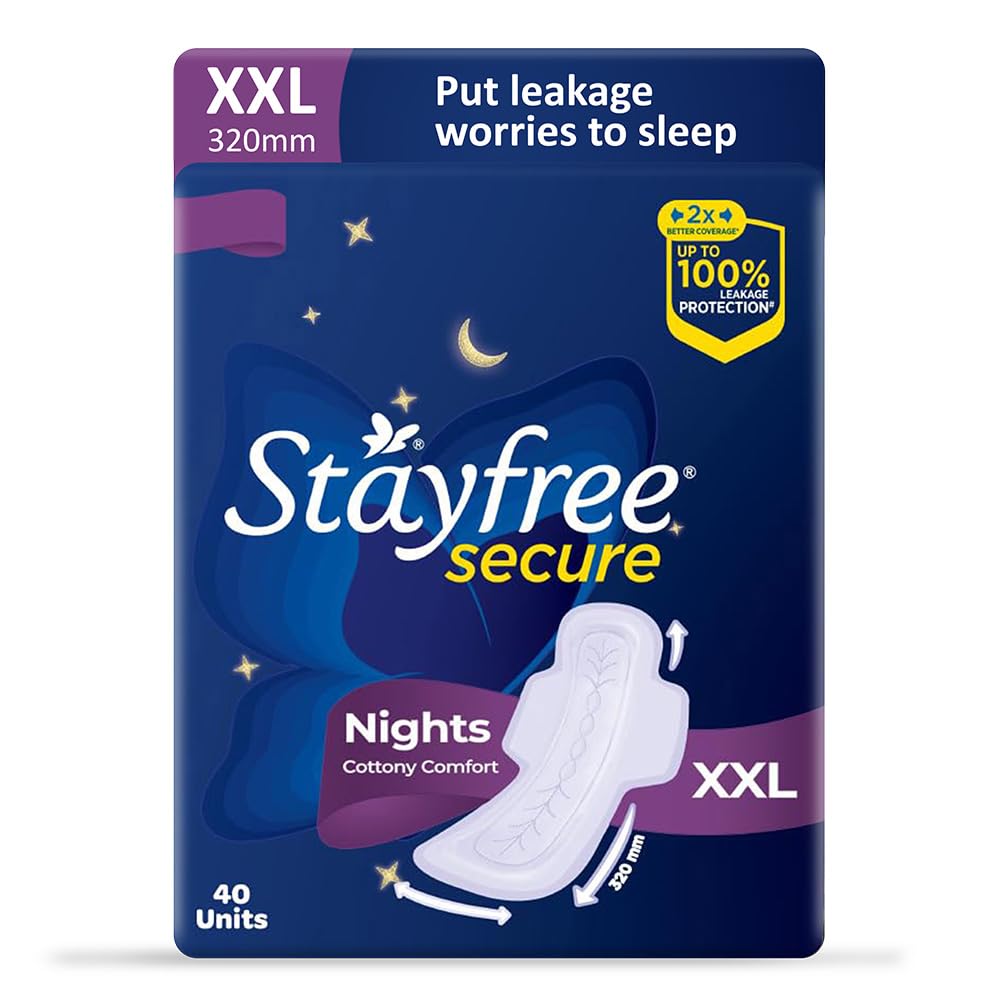 Stayfree Secure Nights XXL | 40 Pads| Cottony Soft Sanitary Pads for Women | Upto 100% leakage protection | Buy XXL at XL price | Absorbs 2x Faster with Wider Back |