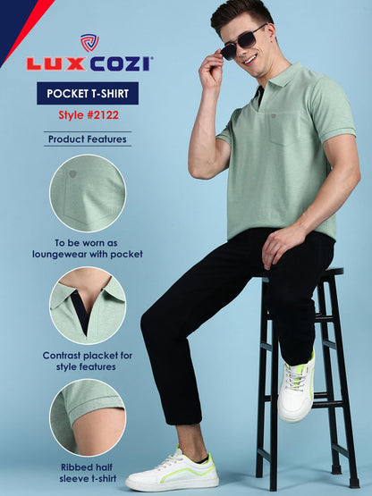 Lux Cozi Men's Half Sleeve Soild Casual T-Shirt with Chest Pocket_COZI_2122_MTGRN_L_1PC Mint Green