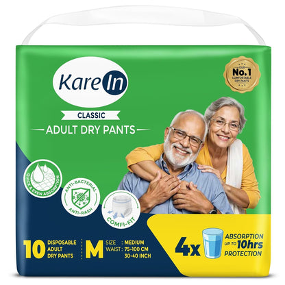 Karein Classic Adult Diaper Pant M Size, Medium, Waist (75-100 cm 30'-40'), 10 Unit, Long Protection Hour, Unisex, Quick & Even Absorption, Anti-Bacterial, Leakproof, Odour Control, Wetness Indicator