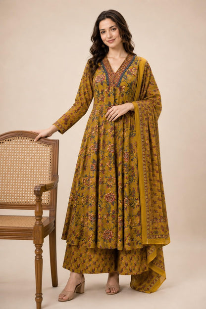 BANDRAGIRLS Women's Rayon Printed Anarkali Kurta and Pant with Dupatta Set
