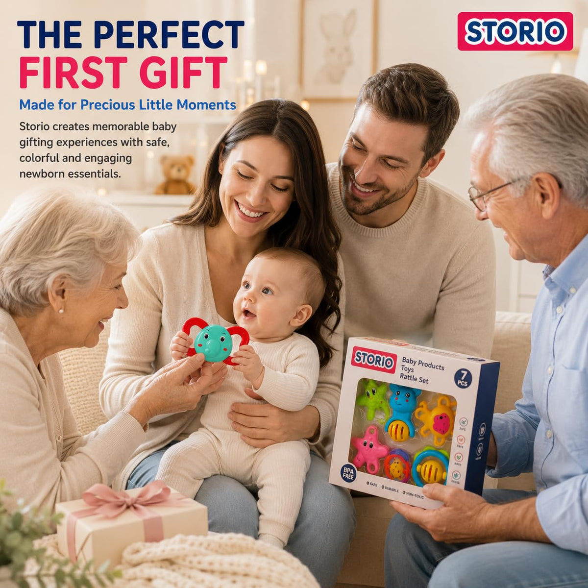 Storio Baby Products Toys 7 Pcs Rattle Set with Teathers for New Born Baby Gifts, Toy for Babies, Non-Toxic
