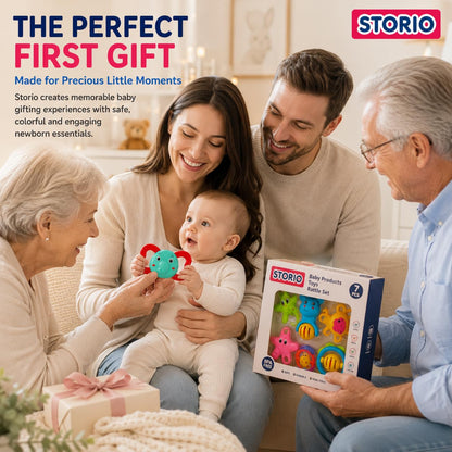 Storio Baby Products Toys 7 Pcs Rattle Set with Teathers for New Born Baby Gifts, Toy for Babies, Non-Toxic