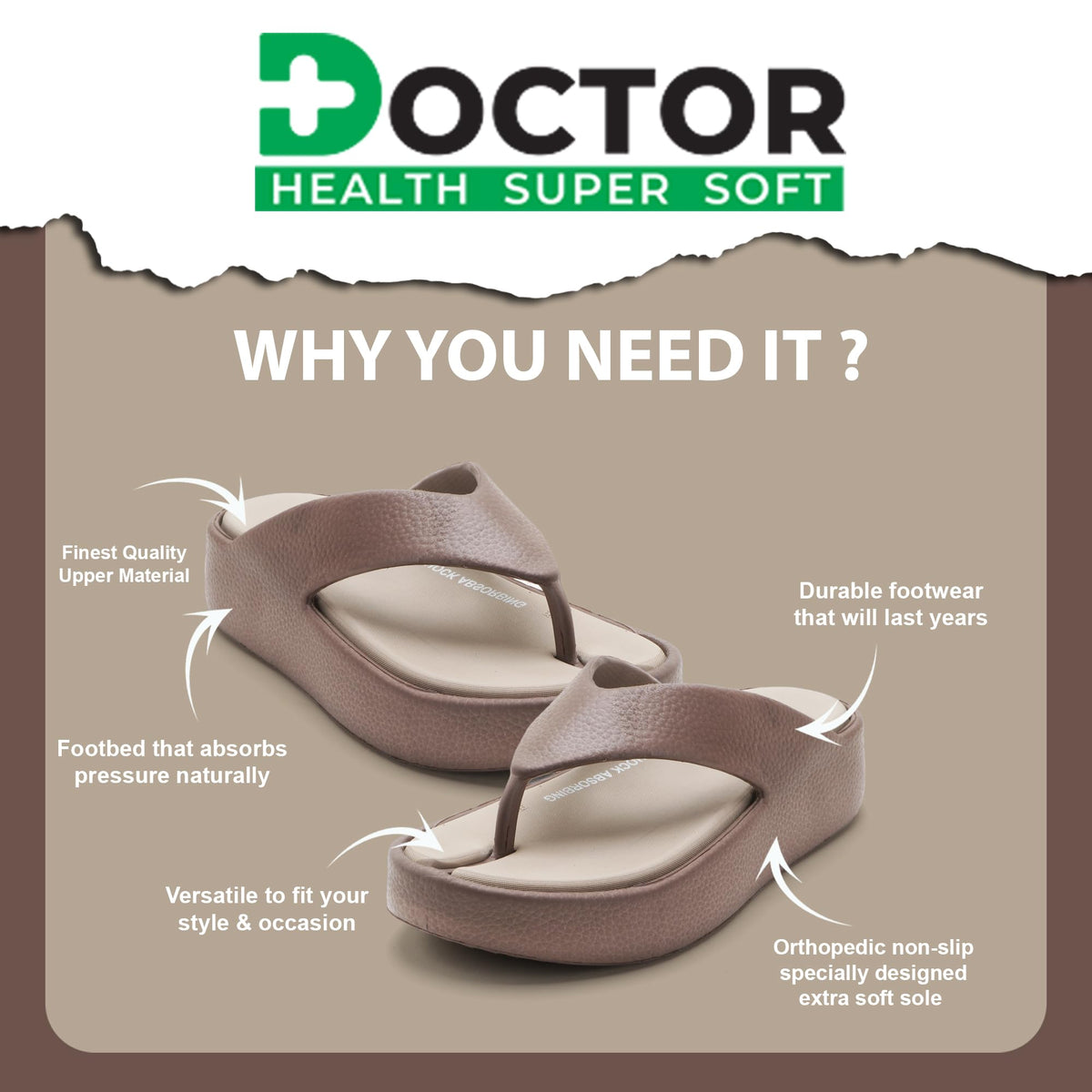 DOCTOR HEALTH SUPER SOFT Women’s Orthopedic Soft Platform Slippers | Ultra-Cushioned Shock Absorbing Footbed | Lightweight Anti-Skid Everyday Wear Comfort Flip Flops for All-Day Support