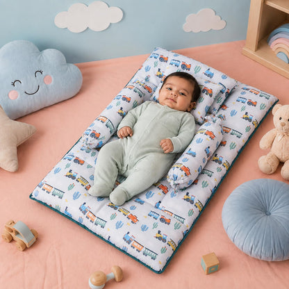 Amazon Brand - Supples Newborn Baby Bedding Set with 2 Side Bolster Pillows & 1 Head Pillow |100% Cotton, Soft & Breathable | Toy Vehicle Print | Blue