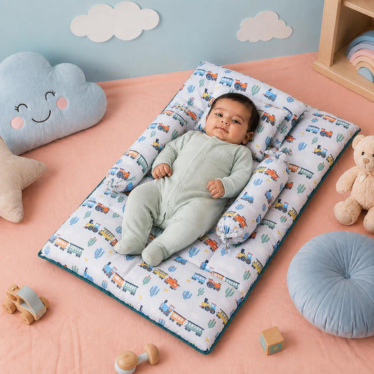 Amazon Brand - Supples Newborn Baby Bedding Set with 2 Side Bolster Pillows & 1 Head Pillow |100% Cotton, Soft & Breathable | Toy Vehicle Print | Blue
