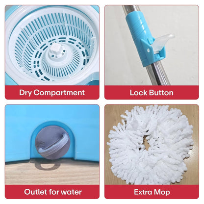 Mumma's LIFE Plastic Spin Mop Bucket, Moppers for Cleaning Floor, Mop Set Extendable Handle, Removable Wringer 360° with Floor Cleaner Mopping Stick (Round Mop Set)