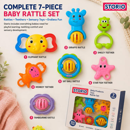 Storio Baby Products Toys 7 Pcs Rattle Set with Teathers for New Born Baby Gifts, Toy for Babies, Non-Toxic