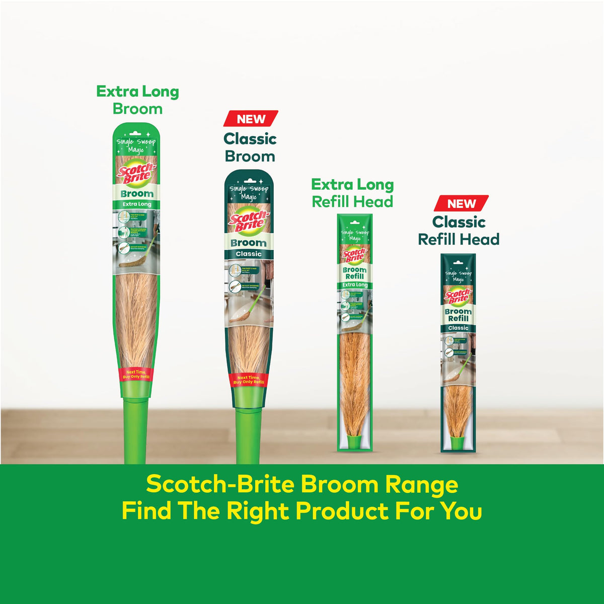 Scotch-Brite Classic Floor Broom | Flat Fibers Pick Fine Dust & Hair | Long Handle for No Bending | No Dust Shedding | Lightweight & Long Lasting