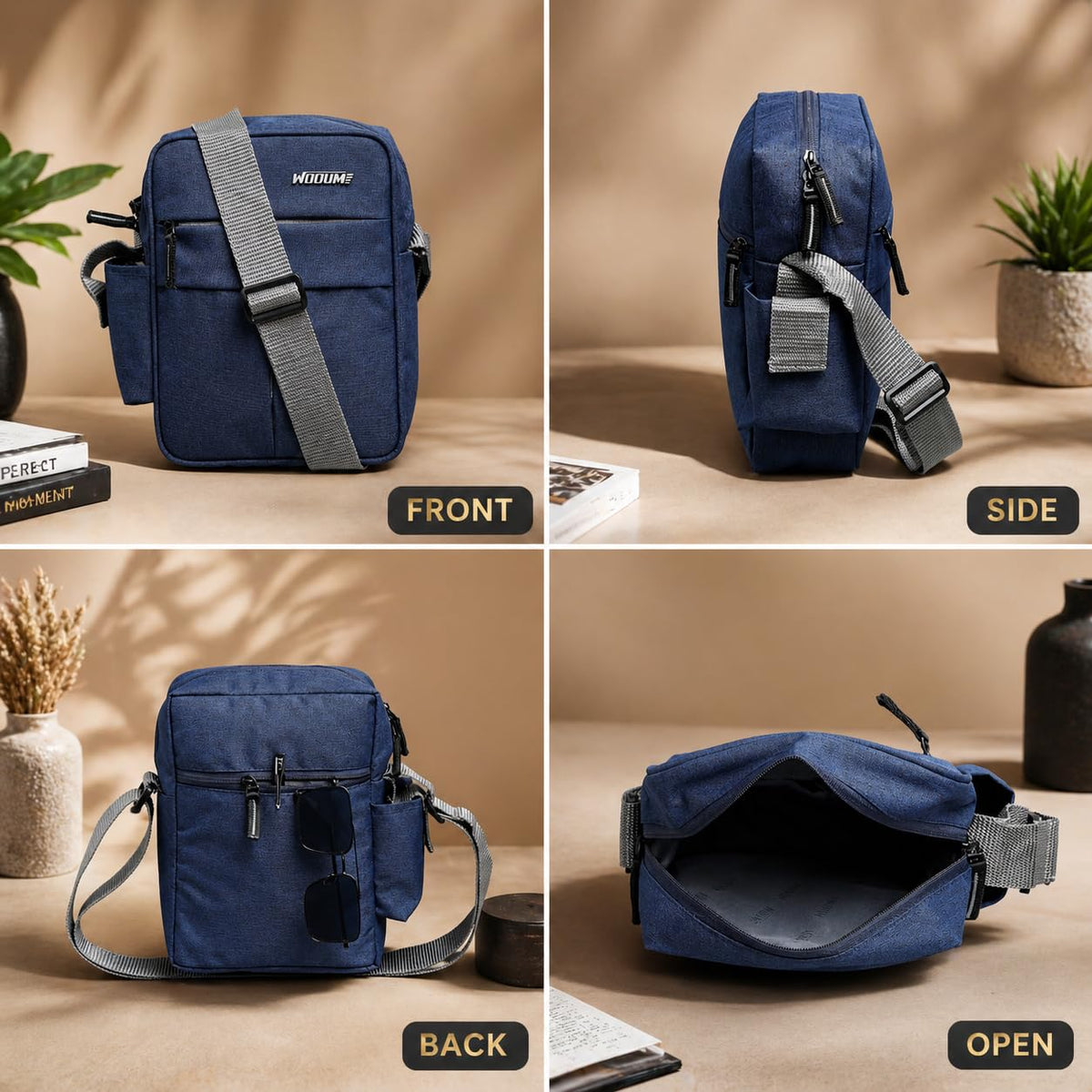 Wooum Water Resistance Side Bag - Travel Bag - Office Business Bag - Cross Body Bag - Messenger Bag - Sling Bag for Men and Women Adjustable Strap (Navy Blue)