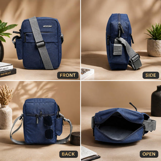 Wooum Water Resistance Side Bag - Travel Bag - Office Business Bag - Cross Body Bag - Messenger Bag - Sling Bag for Men and Women Adjustable Strap (Navy Blue)