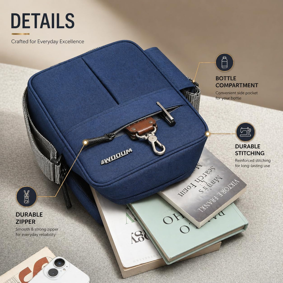 Wooum Water Resistance Side Bag - Travel Bag - Office Business Bag - Cross Body Bag - Messenger Bag - Sling Bag for Men and Women Adjustable Strap (Navy Blue)