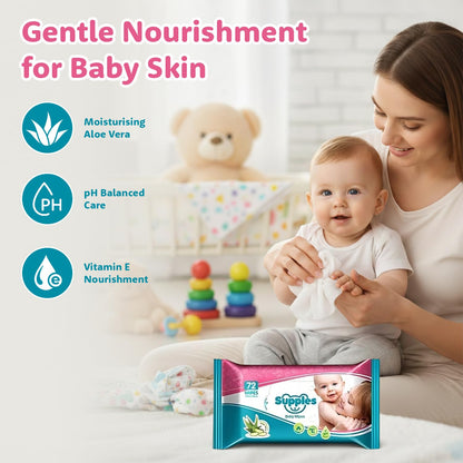 Amazon Brand - Supples Baby Wet Wipes | 648 Wipes | 72 Wipes x 9 Packs | Enriched With Aloe Vera and Vitamin E | Alcohol-free and Paraben-free | Pure Water-Based Formulation