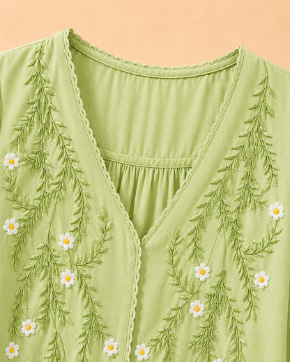RIEKA Womens Embroidered Korean Style Top and Tunic; V Neck| Floral Thread Embroidery| Three Quarter Puff Sleeves |Relaxed Fit Curved Hem| Casual Everyday Fusion Top (Pista-L)