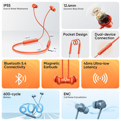 realme Buds Wireless 5 Lite in Ear Bluetooth Neckband with 12.4 mm Dynamic Bass Boost Driver,Upto 35 Hours Playback,45ms Low Latency,IP55 Dust & Water Resistant, Bluetooth V5.4 (Void Black)