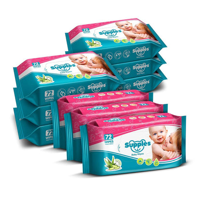 Amazon Brand - Supples Baby Wet Wipes | 648 Wipes | 72 Wipes x 9 Packs | Enriched With Aloe Vera and Vitamin E | Alcohol-free and Paraben-free | Pure Water-Based Formulation