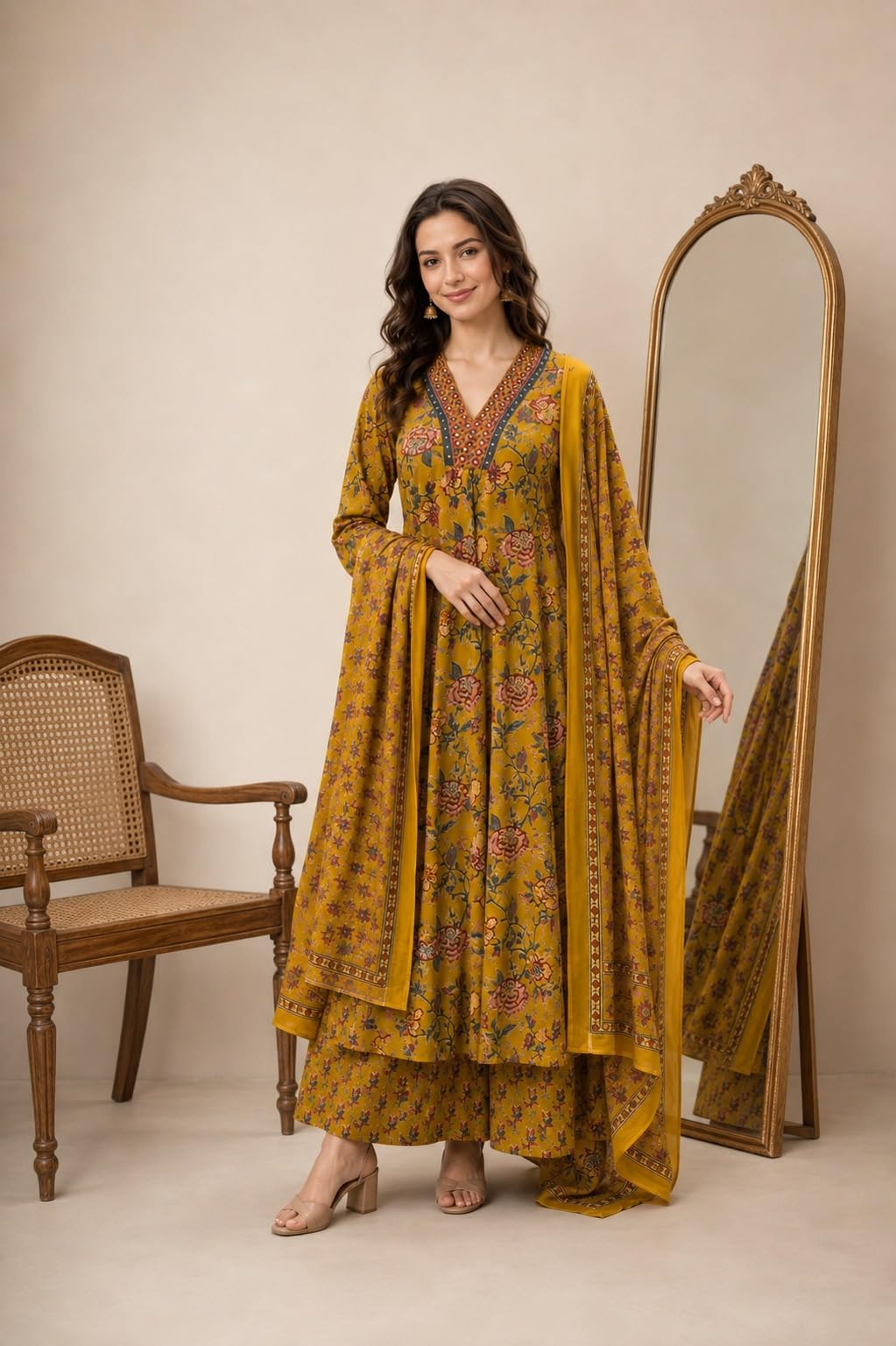 BANDRAGIRLS Women's Rayon Printed Anarkali Kurta and Pant with Dupatta Set