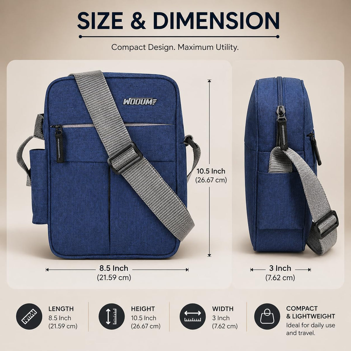 Wooum Water Resistance Side Bag - Travel Bag - Office Business Bag - Cross Body Bag - Messenger Bag - Sling Bag for Men and Women Adjustable Strap (Navy Blue)