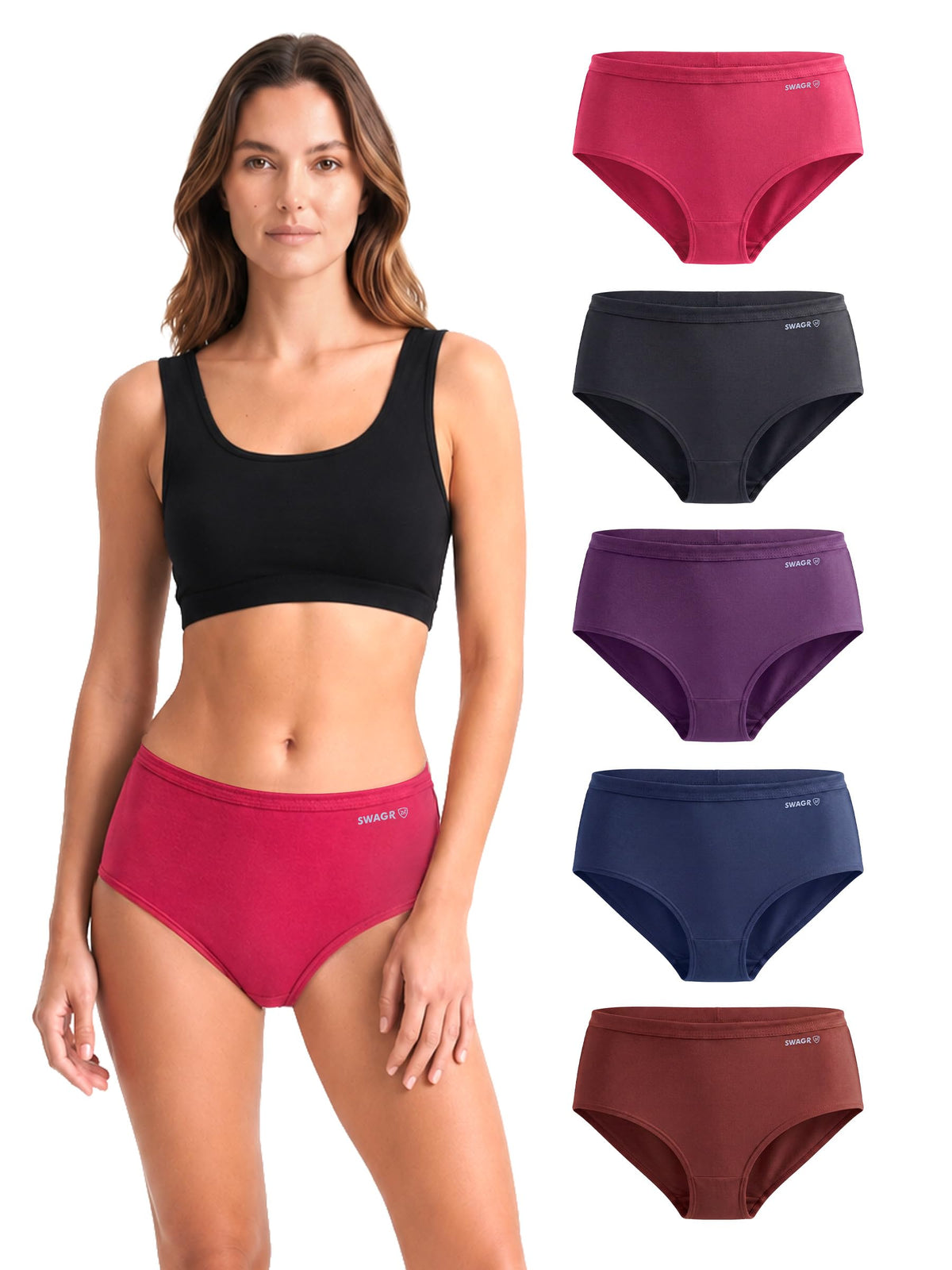 SWAGR 5 Pack Women's High Coverage Super Combed Cotton Hipster Panty Set | Powered by ZincShield Anti-Bacterial Tech | BreatheSoft Fabric | Size Large | Dark Multicolor | SOXCO Style HP06