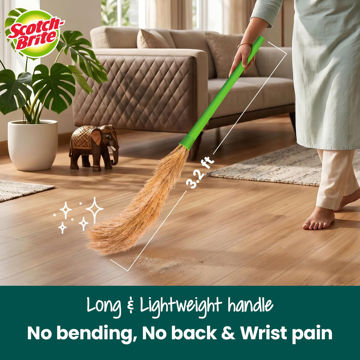 Scotch-Brite Classic Floor Broom | Flat Fibers Pick Fine Dust & Hair | Long Handle for No Bending | No Dust Shedding | Lightweight & Long Lasting