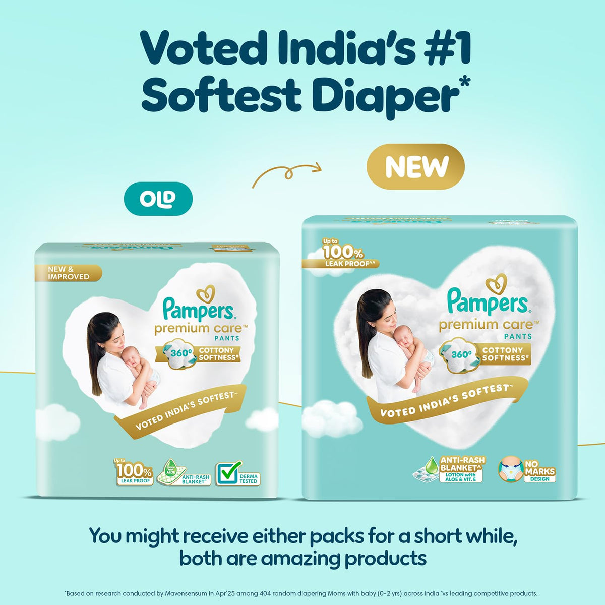 Pampers Premium Care Pant Style Baby Diapers XS 70 Count | No Marks Design | Voted India’s #1 Softest Diaper | All in 1 diaper with 360 Cottony Softness