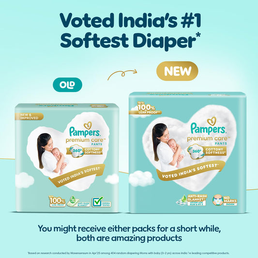 Pampers Premium Care Pant Style Baby Diapers XS 70 Count | No Marks Design | Voted India’s #1 Softest Diaper | All in 1 diaper with 360 Cottony Softness