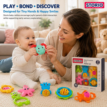 Storio Baby Products Toys 7 Pcs Rattle Set with Teathers for New Born Baby Gifts, Toy for Babies, Non-Toxic