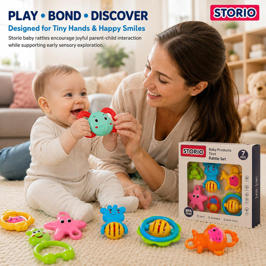 Storio Baby Products Toys 7 Pcs Rattle Set with Teathers for New Born Baby Gifts, Toy for Babies, Non-Toxic