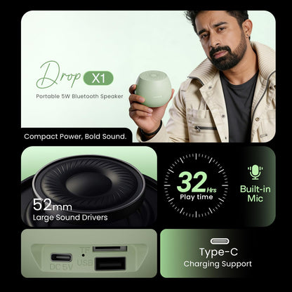 HAMMER Drop X1 5W Bluetooth Speaker with Twin Pairing, Bluetooth v6.0, 32 Hours Playtime, 52mm Drivers (Green)