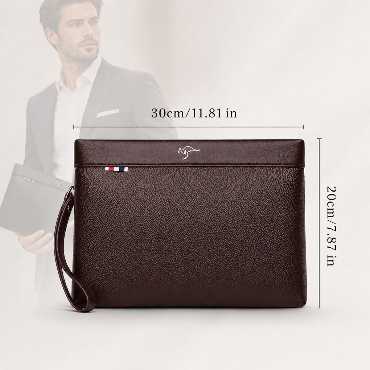 Kawn Men's PU Leather Clutch Bag, Large Capacity Business Organizer Wallet with Wrist Strap, Multi Pocket Envelope Handbag for Mobile, Cash, Cards, Travel, Office & Daily Use (Brown)