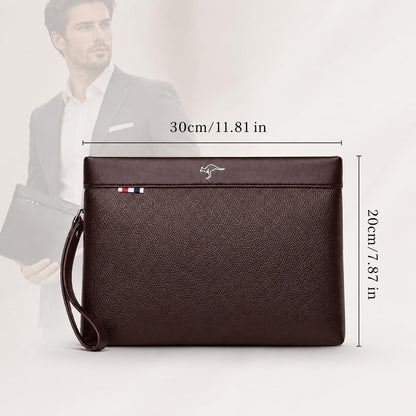 Kawn Men's PU Leather Clutch Bag, Large Capacity Business Organizer Wallet with Wrist Strap, Multi Pocket Envelope Handbag for Mobile, Cash, Cards, Travel, Office & Daily Use (Brown)
