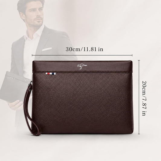 Kawn Men's PU Leather Clutch Bag, Large Capacity Business Organizer Wallet with Wrist Strap, Multi Pocket Envelope Handbag for Mobile, Cash, Cards, Travel, Office & Daily Use (Brown)