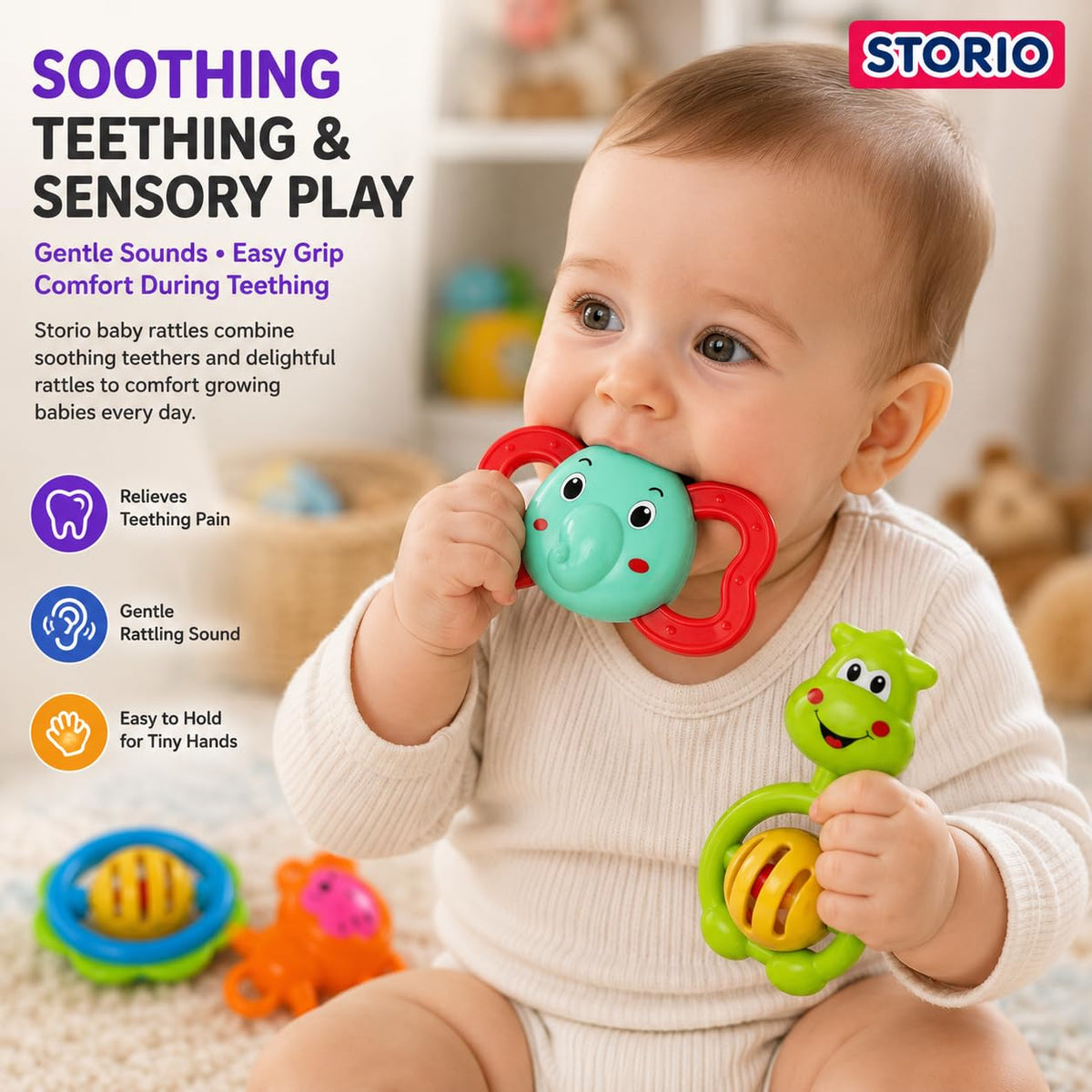 Storio Baby Products Toys 7 Pcs Rattle Set with Teathers for New Born Baby Gifts, Toy for Babies, Non-Toxic
