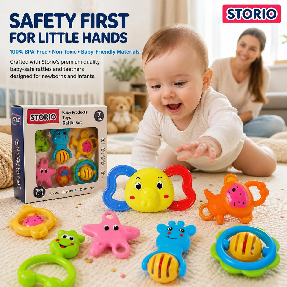 Storio Baby Products Toys 7 Pcs Rattle Set with Teathers for New Born Baby Gifts, Toy for Babies, Non-Toxic
