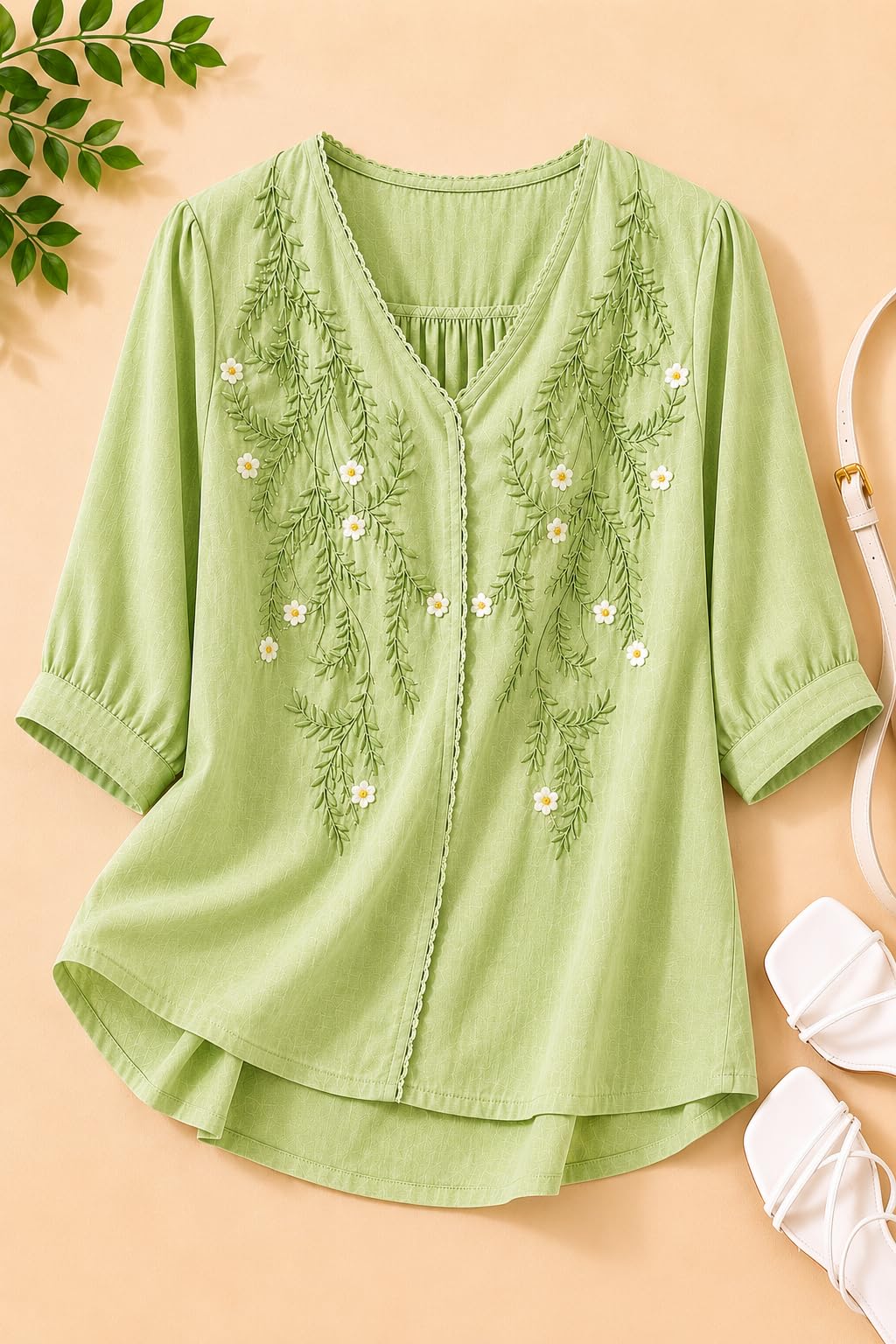 RIEKA Womens Embroidered Korean Style Top and Tunic; V Neck| Floral Thread Embroidery| Three Quarter Puff Sleeves |Relaxed Fit Curved Hem| Casual Everyday Fusion Top (Pista-L)