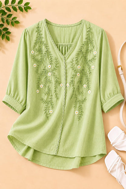 RIEKA Womens Embroidered Korean Style Top and Tunic; V Neck| Floral Thread Embroidery| Three Quarter Puff Sleeves |Relaxed Fit Curved Hem| Casual Everyday Fusion Top (Pista-L)