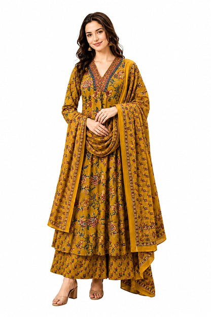 BANDRAGIRLS Women's Rayon Printed Anarkali Kurta and Pant with Dupatta Set