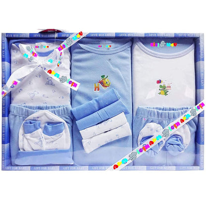 EIO Baby's Cotton Printed New Born Baby Gift Set -13 Pieces (Bluee)