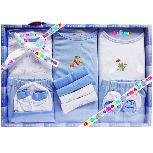 EIO Baby's Cotton Printed New Born Baby Gift Set -13 Pieces (Bluee)