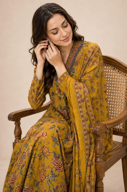 BANDRAGIRLS Women's Rayon Printed Anarkali Kurta and Pant with Dupatta Set