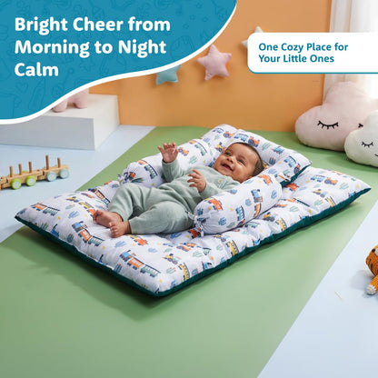 Amazon Brand - Supples Newborn Baby Bedding Set with 2 Side Bolster Pillows & 1 Head Pillow |100% Cotton, Soft & Breathable | Toy Vehicle Print | Blue