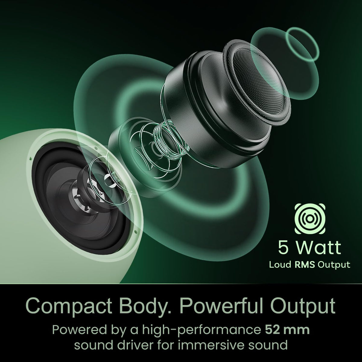 HAMMER Drop X1 5W Bluetooth Speaker with Twin Pairing, Bluetooth v6.0, 32 Hours Playtime, 52mm Drivers (Green)